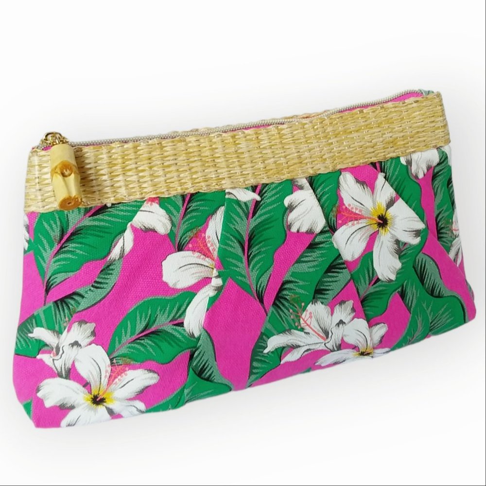 Estee Lauder Makeup Bag Hibiscus Flower Pink Tropical Straw Zip Travel Vacation